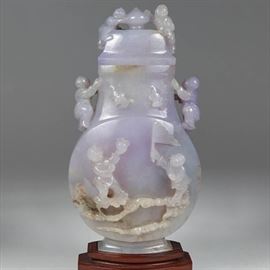 5224290: Chinese Lavender Jadeite Boys and Clouds Vase