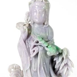 5223787: Chinese Mottled Purple and Green Jadeite Figure of Guanyin