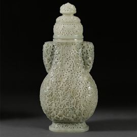 5223818: Chinese Mughal Style Celadon Jade Vase and Cover