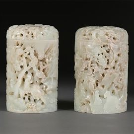 5223817: Pair of Chinese Celadon Jade Pierced Covered Vases, Qing Dynasty