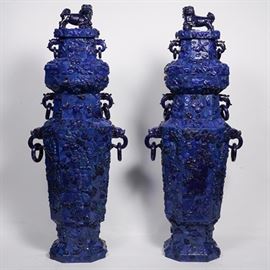 5223837: Pair of Chinese Lapis Lazuli-veneered Covered Vases