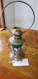 Exceptional & Rare 19th Century Brass Conductor's Railroad Lantern with Rare 2 color green (turquoise) & Clear Globe, WM Westlakes Pat. Dec 12, 1865