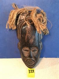 Antique African Wenge Wood Mask with Natural Rope Hair