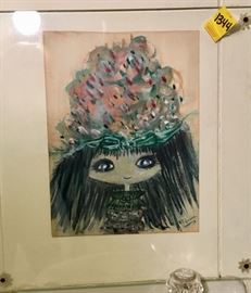 Original Watercolor with Glass Front, Whimsical Girl with Big Eyes V. F. Leonard
