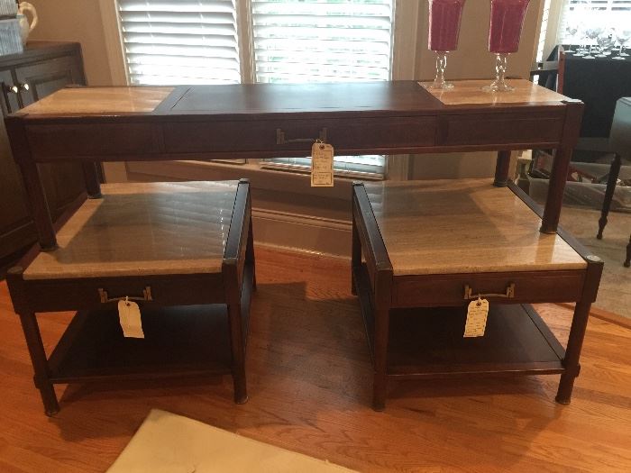 Mid-Century Modern Coffee Table with 2 End Tables.  Marble tops with brass accents