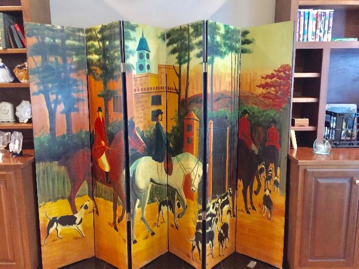 Hand painted floor screen , 6 panels with hunt scene. Two sided 