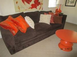 Brown corduroy sofa with down cushions (has matching armless and chaise) 