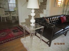 Acrylic and chrome end table with porcelain lamp