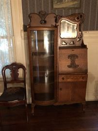Antique Oak Side By Side / Bookcase Desk, Needlepoint Chair