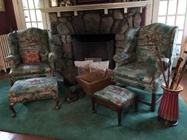 Wing Chairs & Ottomans w/ Equestrian Fabric, Old Canes