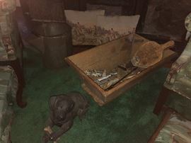 Old Dough Box, Pillows, Dog Figure