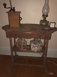 Table, Coffee Grinder Lamp, Oil Lamp