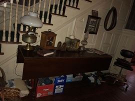 Harvest Table, Oil Lamps, Clock