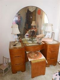 dressing table with bench, lamps, etc.