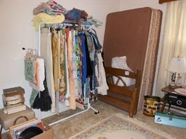 vintage table linens, single bed, end table, records, etc.