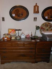 dresser, antique post cards, etc.