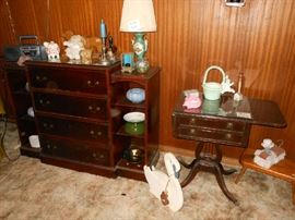antique harp accent table with drop leave, desk/buffet cabinet, collectables, etc.