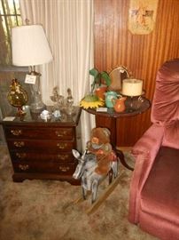 recliner, round side table w/glass, small chest w/glass top, collectables