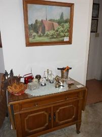 buffet with drop down sides, oil painting, misc.