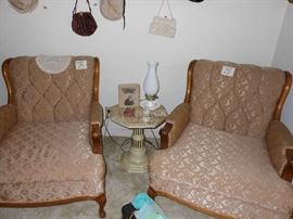 vintage chairs, marble top side table