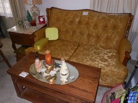 love seat, coffee table, side table with marble top, misc.