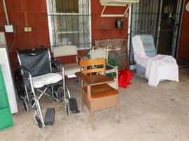 wheel chairs, vintage school chair, misc.