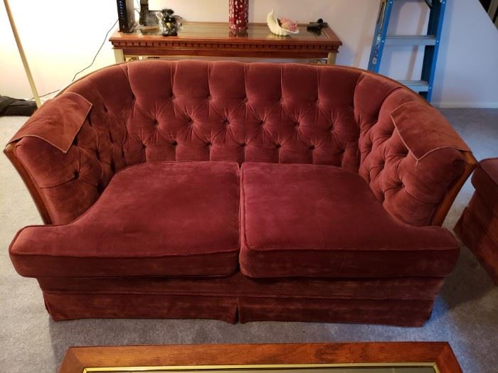 Burgundy  Love Seat with Wood Trim Gorgeous in excellent condition  Dimensions: 36 x 56 x 28