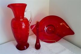 Viking ruby red glass man made including Danish Modern Swoosh platter