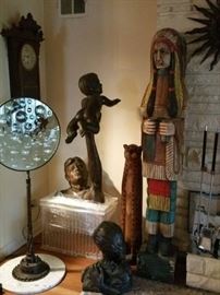 Victor Salmones bronze sculptures: we have 20+ for sale, including 3 lifesize pieces. Feliciano Bejar Magiscope. Welch Eclipse Regulator clock (for repair). Wood carved cheetah. MCM lucite fireplace tool set.