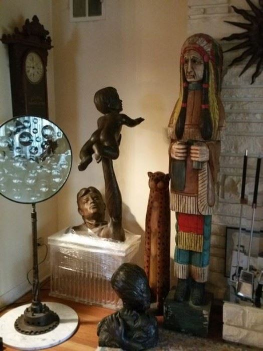 Victor Salmones bronze sculptures: we have 20+ for sale, including 3 lifesize pieces. Feliciano Bejar Magiscope. Welch Eclipse Regulator clock (for repair). Wood carved cheetah. MCM lucite fireplace tool set.