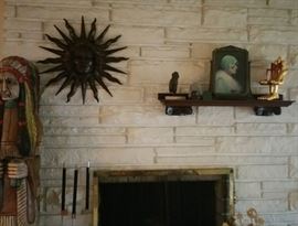 Bronze sun god sclupture. Original oil painting portrait of 20s lady. Pedro Friedeberg miniature hand chair and butterfly chair.