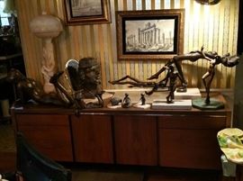 Victor Salmones bronze sculptures: we have 20+ for sale, including 3 lifesize pieces. Alabaster lamp with elf. Kimball MCM office credenza.