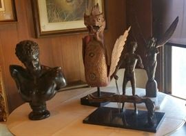 Bust of Hermes. Carved wood winged dragon, probably Thai. "Magic" and Guardian Angel by Victor Salmones.