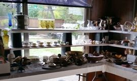 Glassware, silverplate, vintage & retro tabletop, Culver tumblers (lemons, gold/green), Silverplate champagne bucket, Laurids Lonberg "Kinetic" piece, Bo Borgstrom vase, Hollywood Regency sconces and candle holders .... much more.