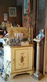 Foyer piece with matching mirror. Weighted sterling. pedestal. Tall brass candelabra.