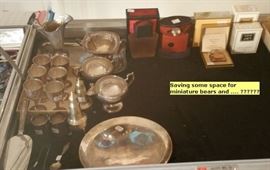 Sterling, including signed Mexican sterling goblets and a tray. Sealed vintage Opium parfum, 4 unopened Joy by Jean Patou.