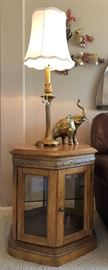 6-Sided Glass Enclosed End Table, Brass Table Lamp, Brass Elephant