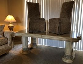 Michael Amini Dining Table, 4 Skirted Dining Chairs 