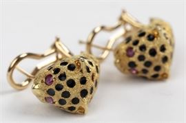 pair of ruby, enamel, 14k leopard earrings