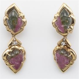 pair of tourmaline, diamond, 14k earrings