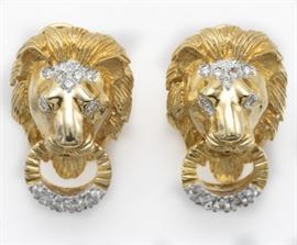 pair of diamond, 14k lion earrings