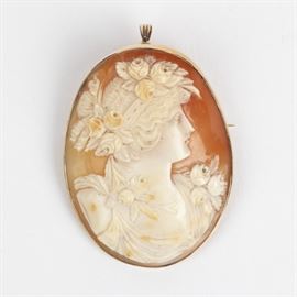 shell cameo, gold, pin pendant