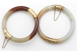 two jade, 14k bangle bracelets
