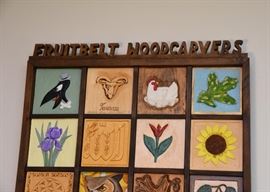 $425 - "Fruitbelt Woodcarvers" Wood Carved Tile Wall Art (Approx. 25" W x 45" H)