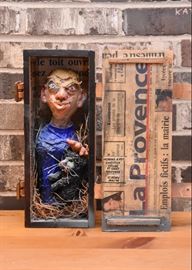 SOLD- Folk Art -Ceramic Statue of Man & Cat Inside Box, Initialed by Artist (Approx. 13.75" H)