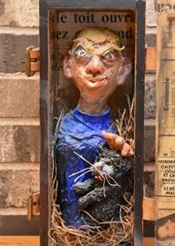 SOLD - Folk Art -Ceramic Statue of Man & Cat Inside Box, Initialed by Artist (Approx. 13.75" H)