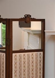 $300 - Antique Room Divider / Screen with Fabric Bottom & Mirrored Top