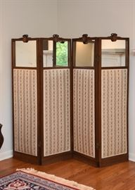 $300 - Antique Room Divider / Screen with Fabric Bottom & Mirrored Top