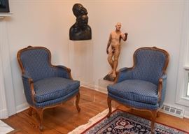 $250 Each - Beautiful Pair of Vintage Carved Wood Armchairs with Blue Upholstery (ONE CHAIR IS SOLD!)