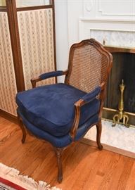 $200 Each - Pair of Vintage Carved Wood Armchairs with Cane Backing & Blue Cushions  (ONE CHAIR IS SOLD!)